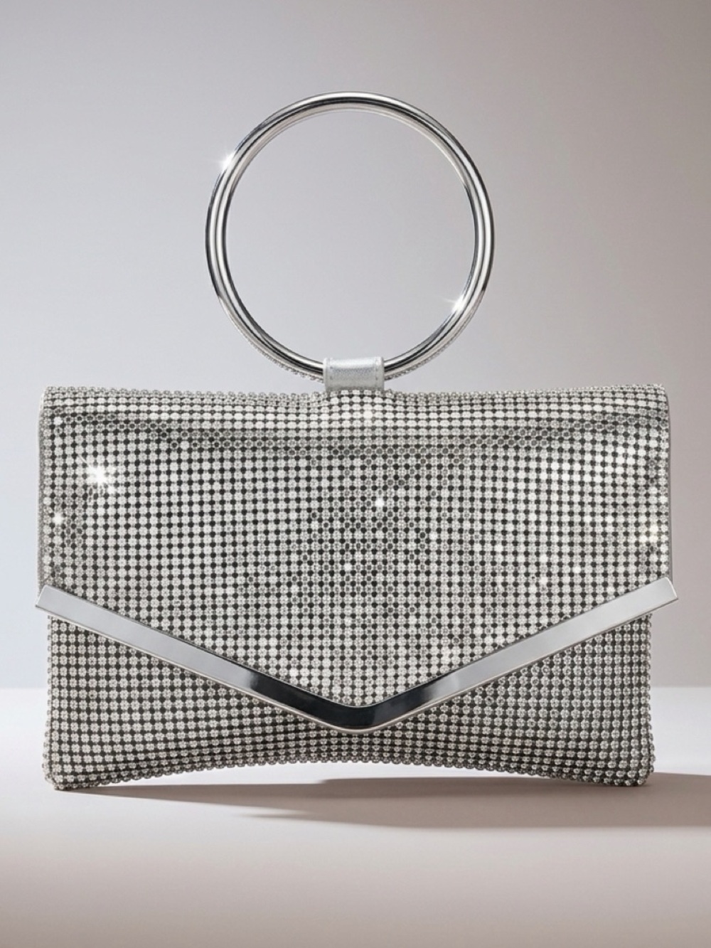 Whiting & Davis NWOT Silver Mesh Ring-Handle Envelope Evening Clutch, 7.5x5